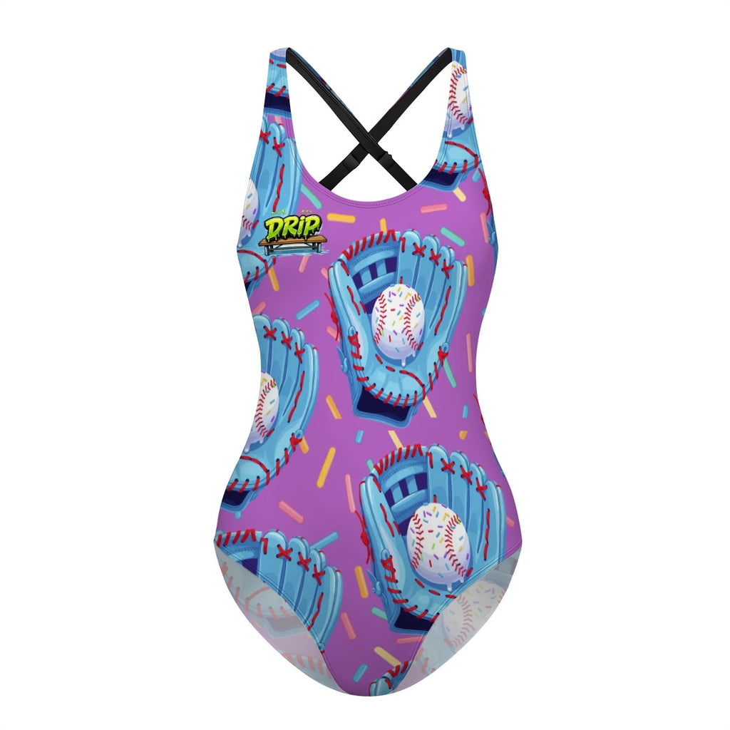 Cross-Back One Piece Swimsuit Women - Baseball Sprinkles Drip Purple