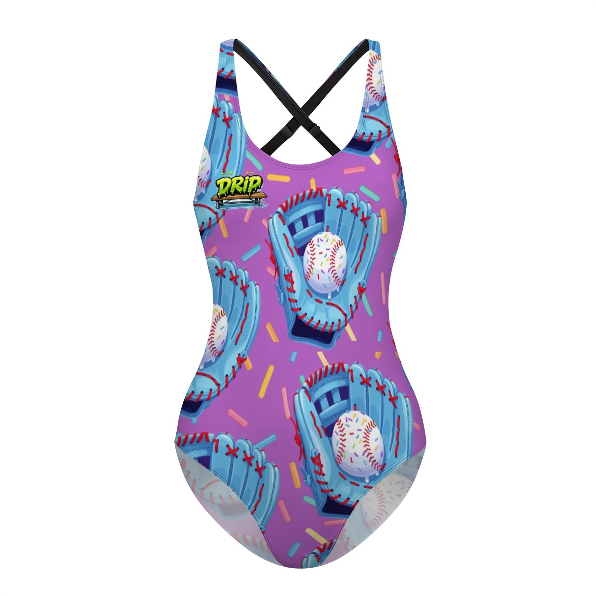 Cross-Back One Piece Swimsuit Women - Baseball Sprinkles Drip Purple
