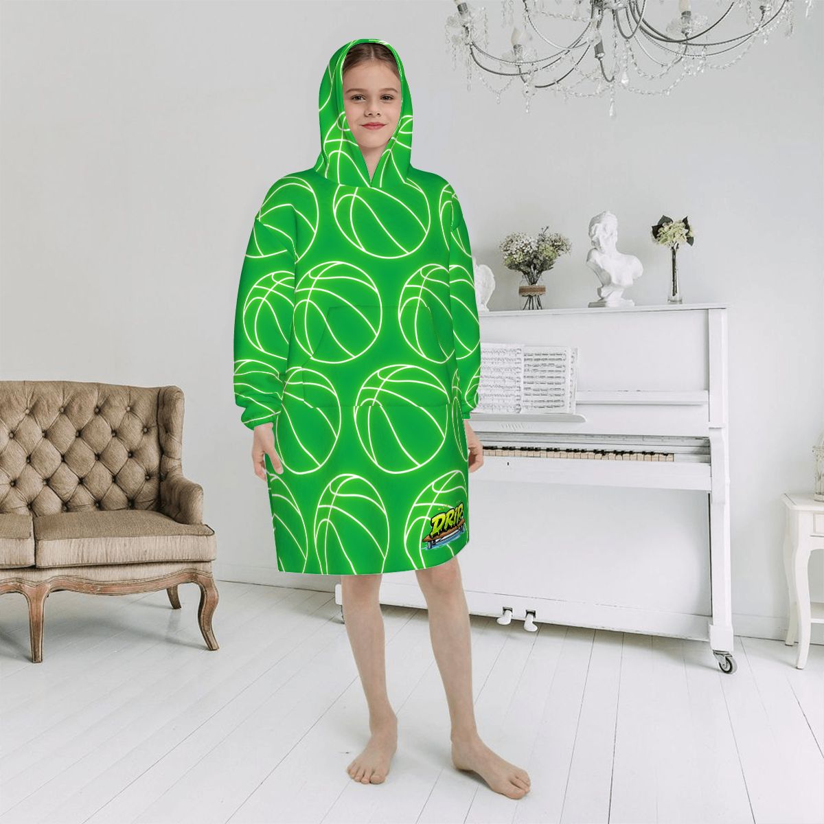 Youth Blanket Sweatshirt - Neon Green Basketballs Classic Green