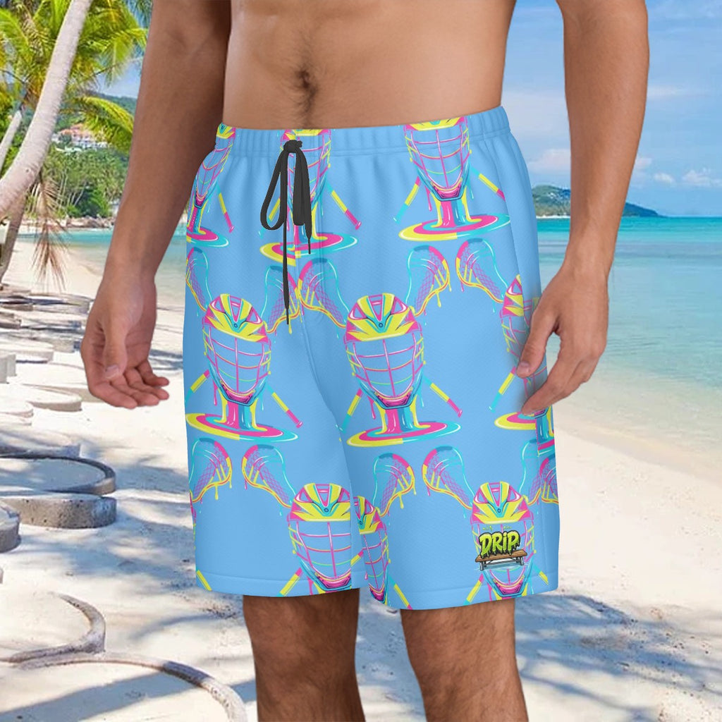 Men/Teen Swim Shorts - Lacrosse Rainbow Drip Sky Blue