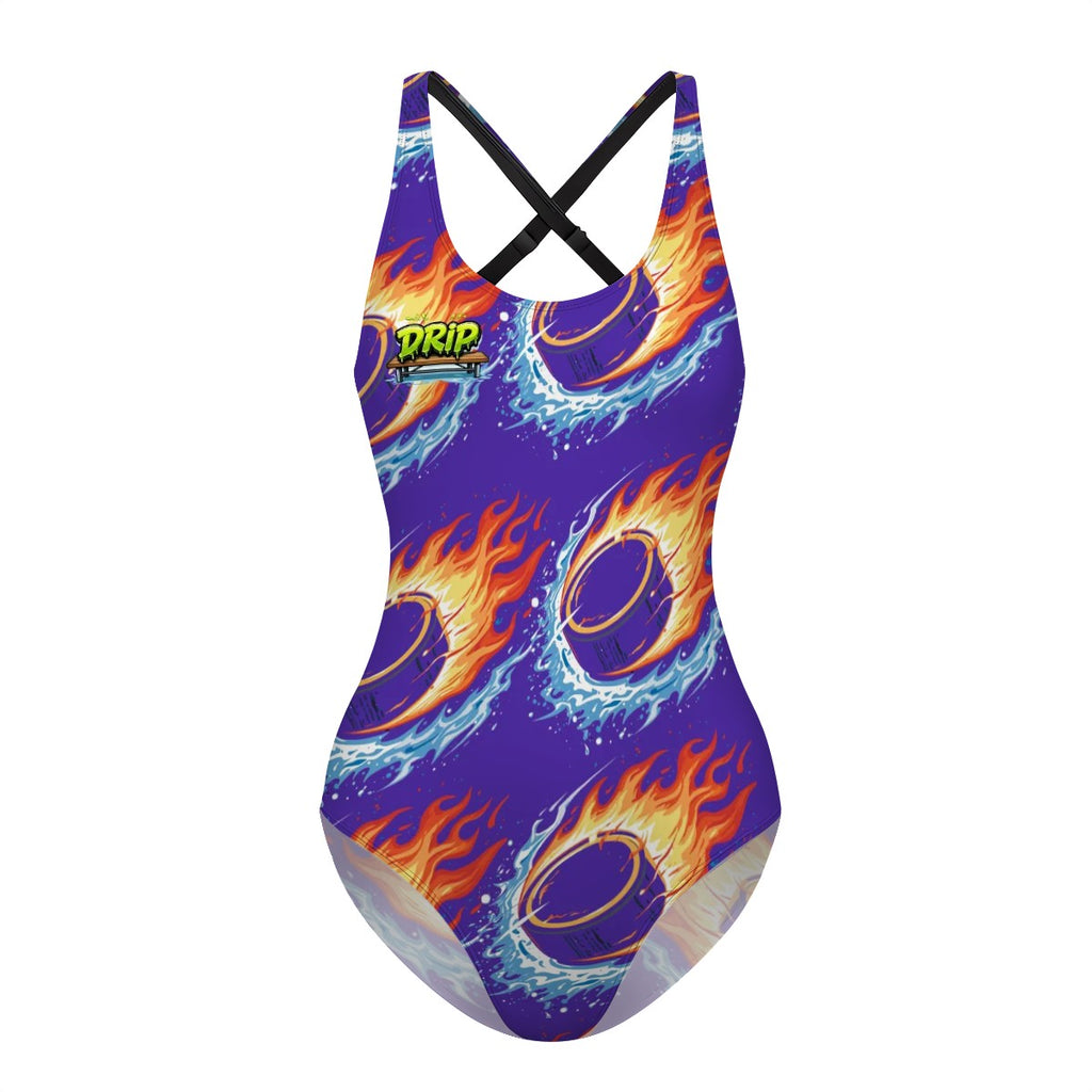 Cross-Back One Piece Swimsuit Women - Flamin Hockey Puck Royal Purple