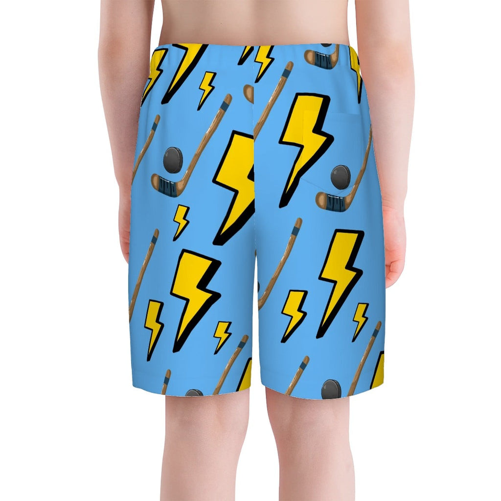 Youth Swim Shorts - Lightning Bolts and Hockey Sticks Sky Blue