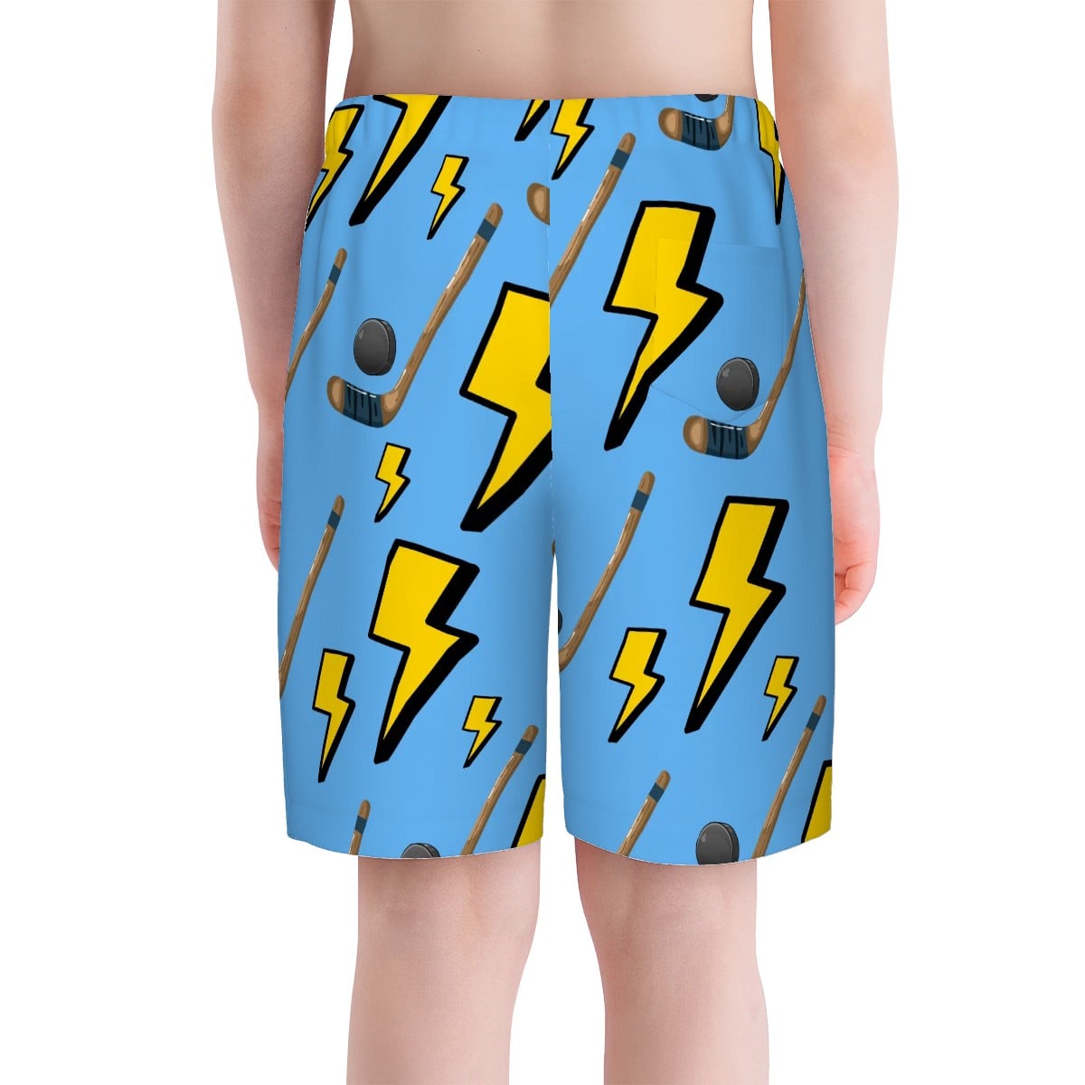 Youth Swim Shorts - Lightning Bolts and Hockey Sticks Sky Blue