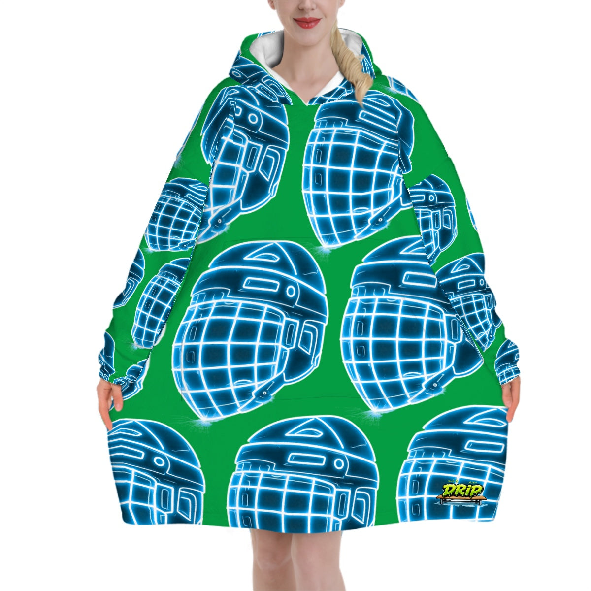 Adult Blanket Sweatshirt - Hockey Helmet Neon Blue Green