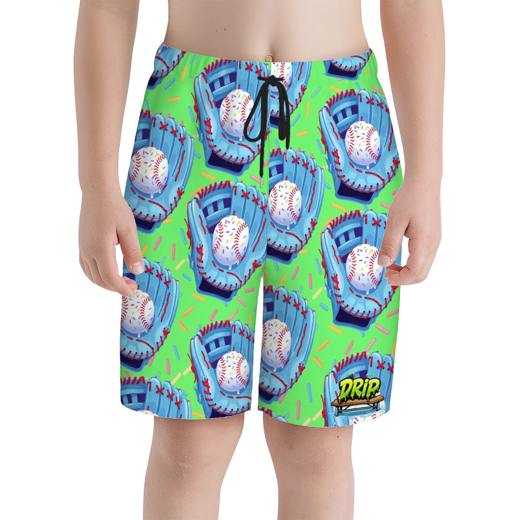 Youth Swim Shorts - Baseball Sprinkles Drip Hot Green