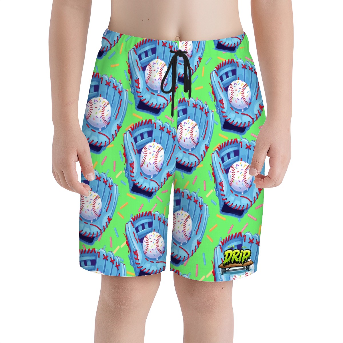Youth Swim Shorts - Baseball Sprinkles Drip Hot Green
