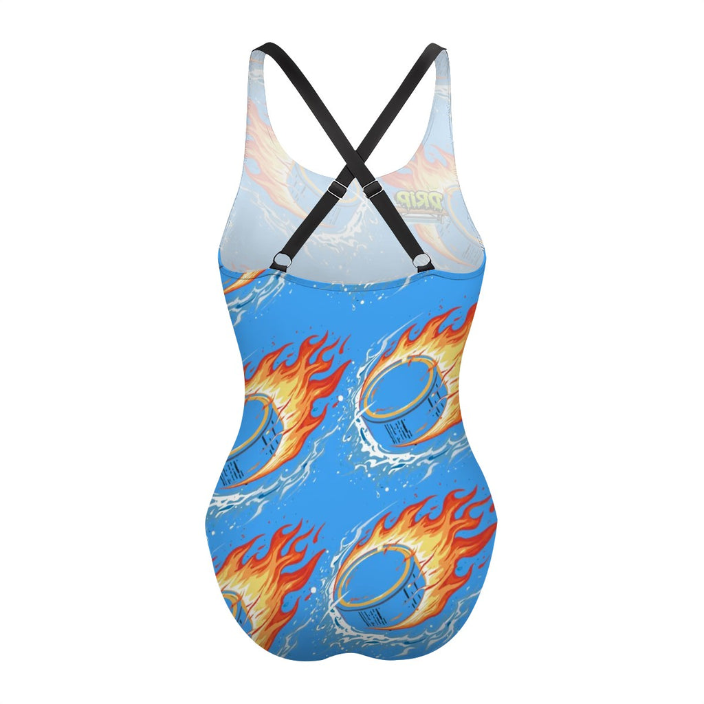 Cross-Back One Piece Swimsuit Women - Flamin Hockey Pucks Blue
