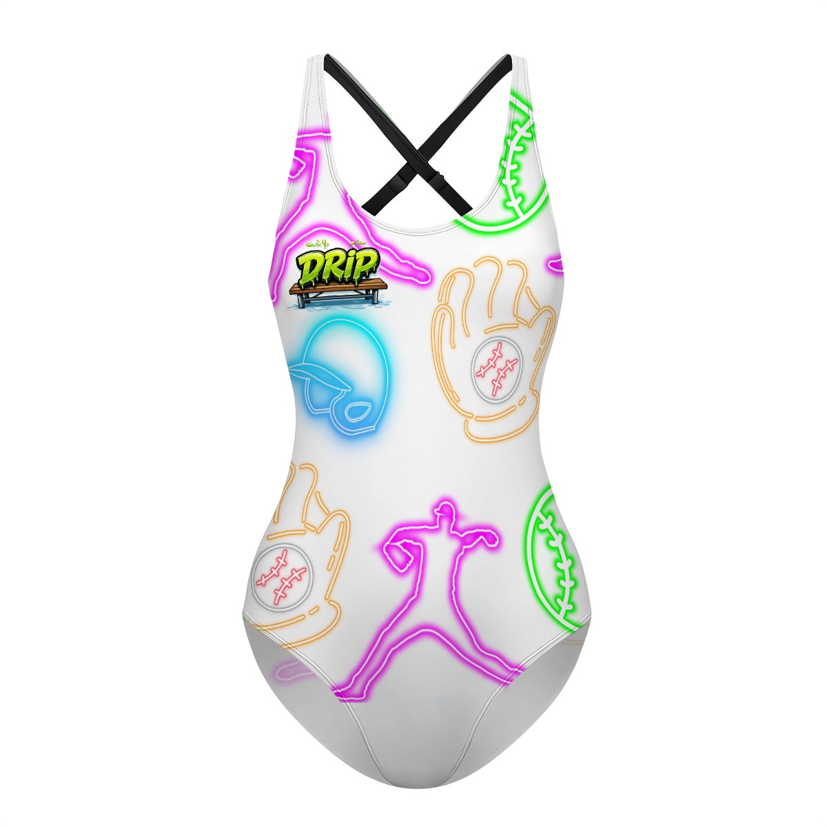 Cross-Back One Piece Swimsuit Women - White Neon Lights