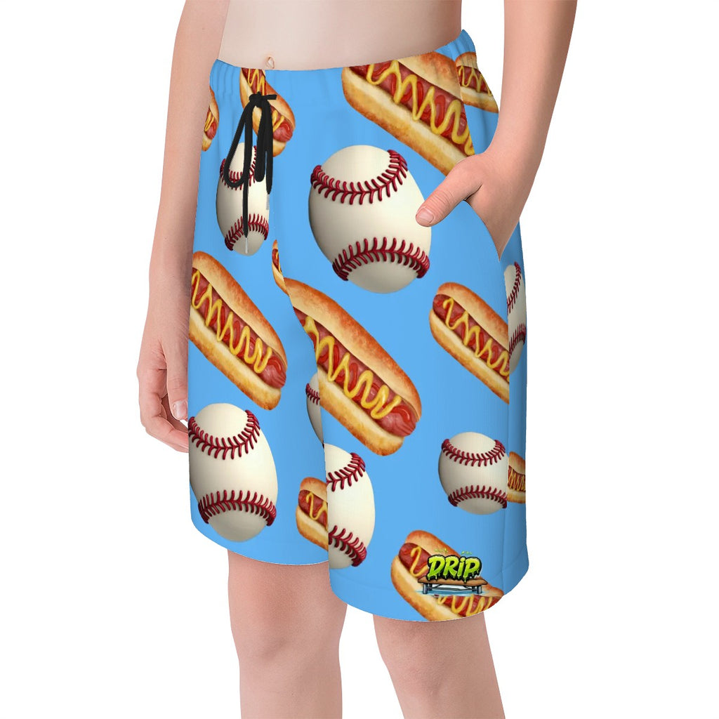 Youth Swim Shorts - Baseball and Hotdogs Blue