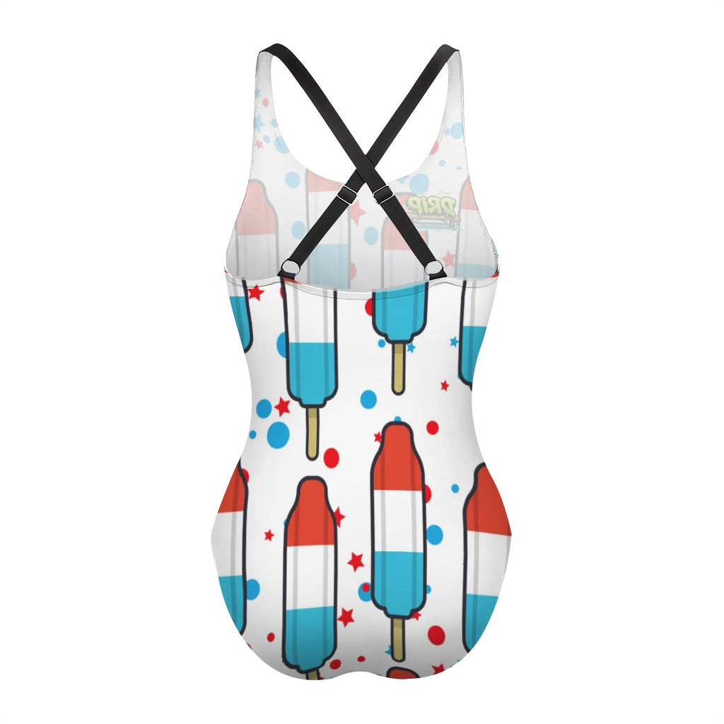 Cross-Back One Piece Swimsuit Women - Red White and Blue Pop White