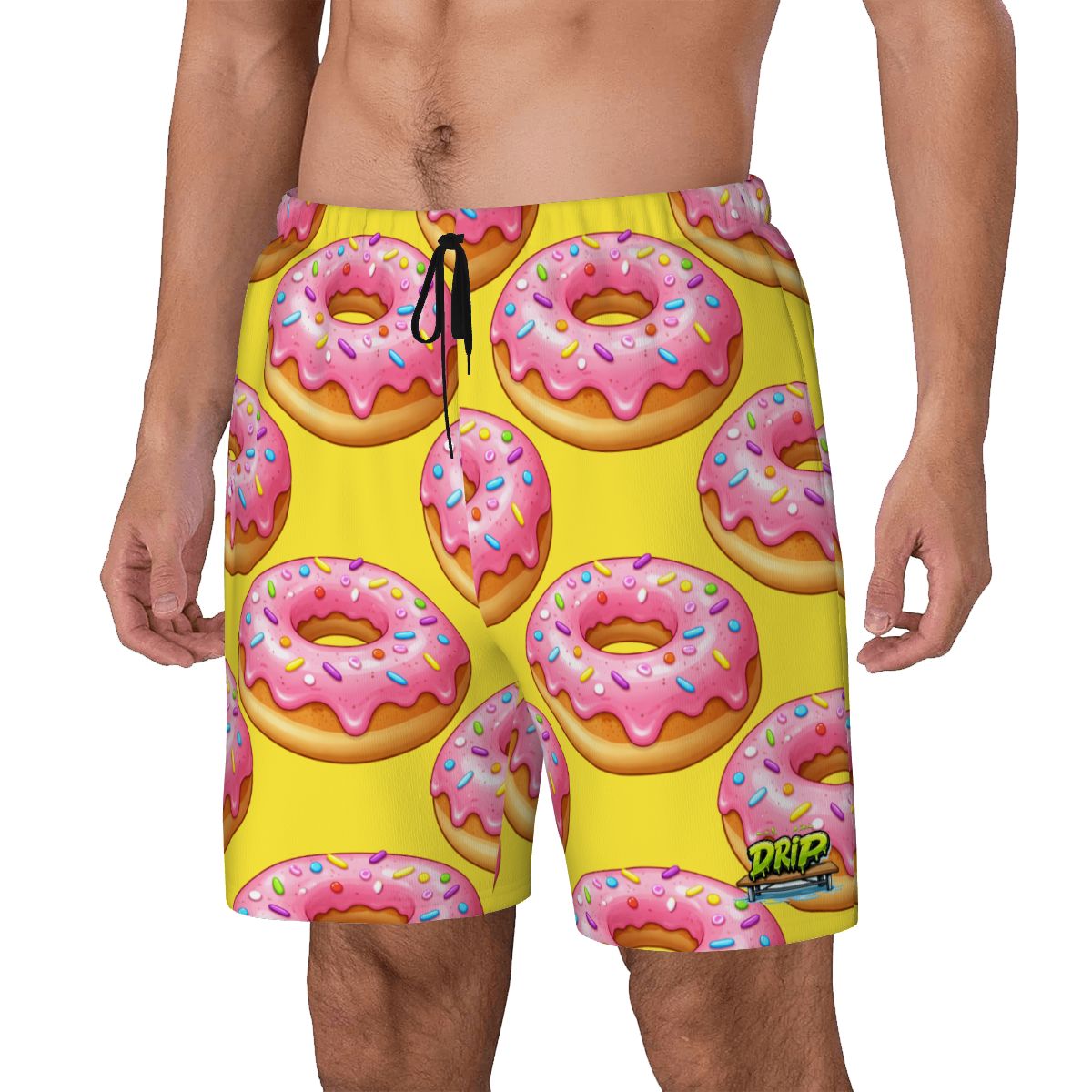 Yellow swim shorts with pink donut pattern on a white background