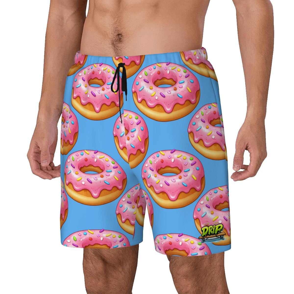 Blue swim shorts with pink donut pattern on a white background