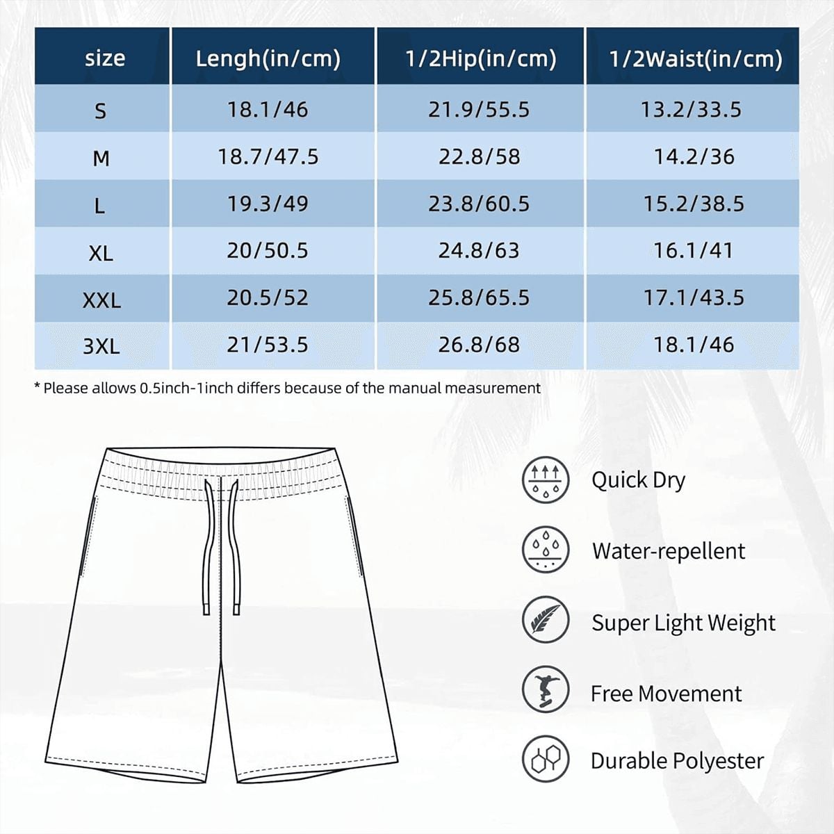 Size chart for shorts with dimensions in inches and centimeters, and features listed on a white background.