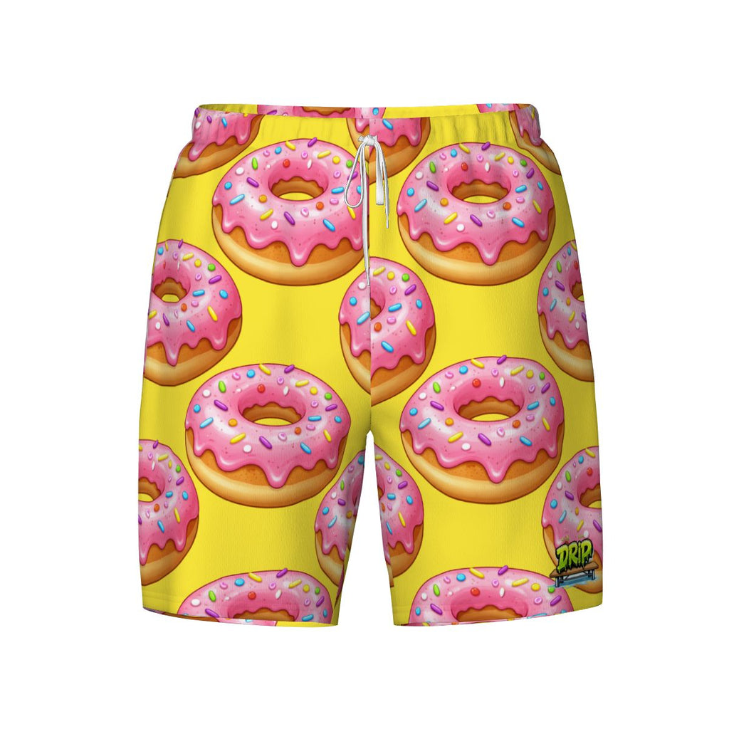 Yellow shorts with pink donut pattern on a white background