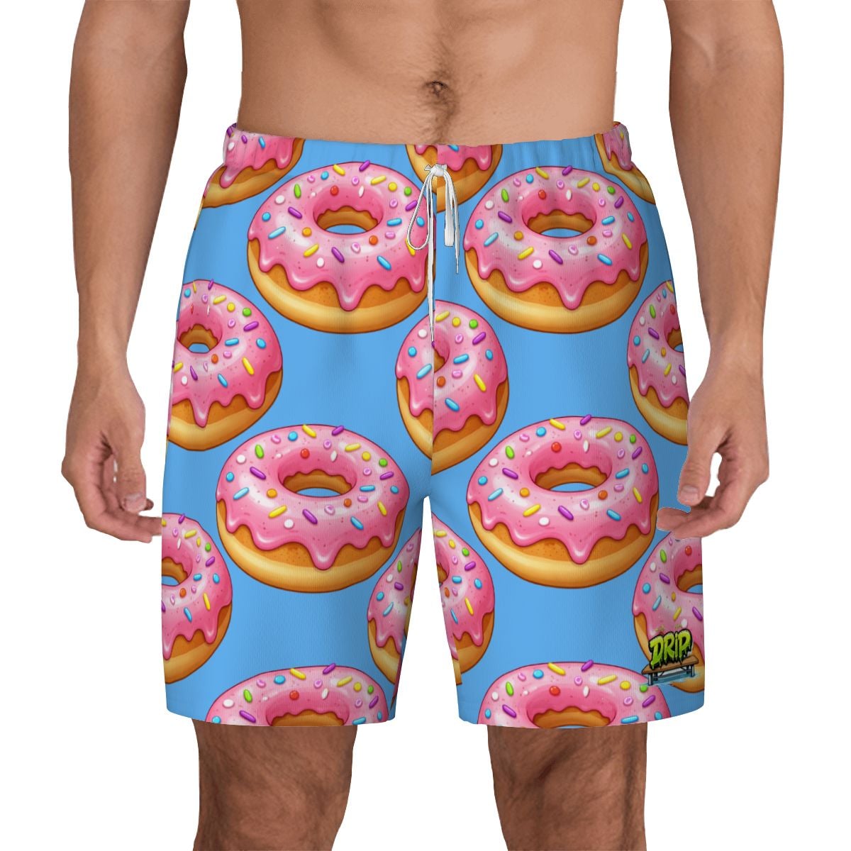 Blue swim shorts with pink donut pattern on a white background
