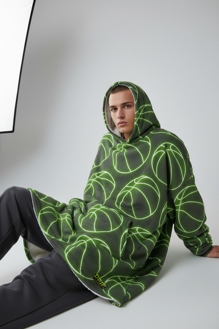 Adult Blanket Sweatshirt - Neon Basketballs Charcoal