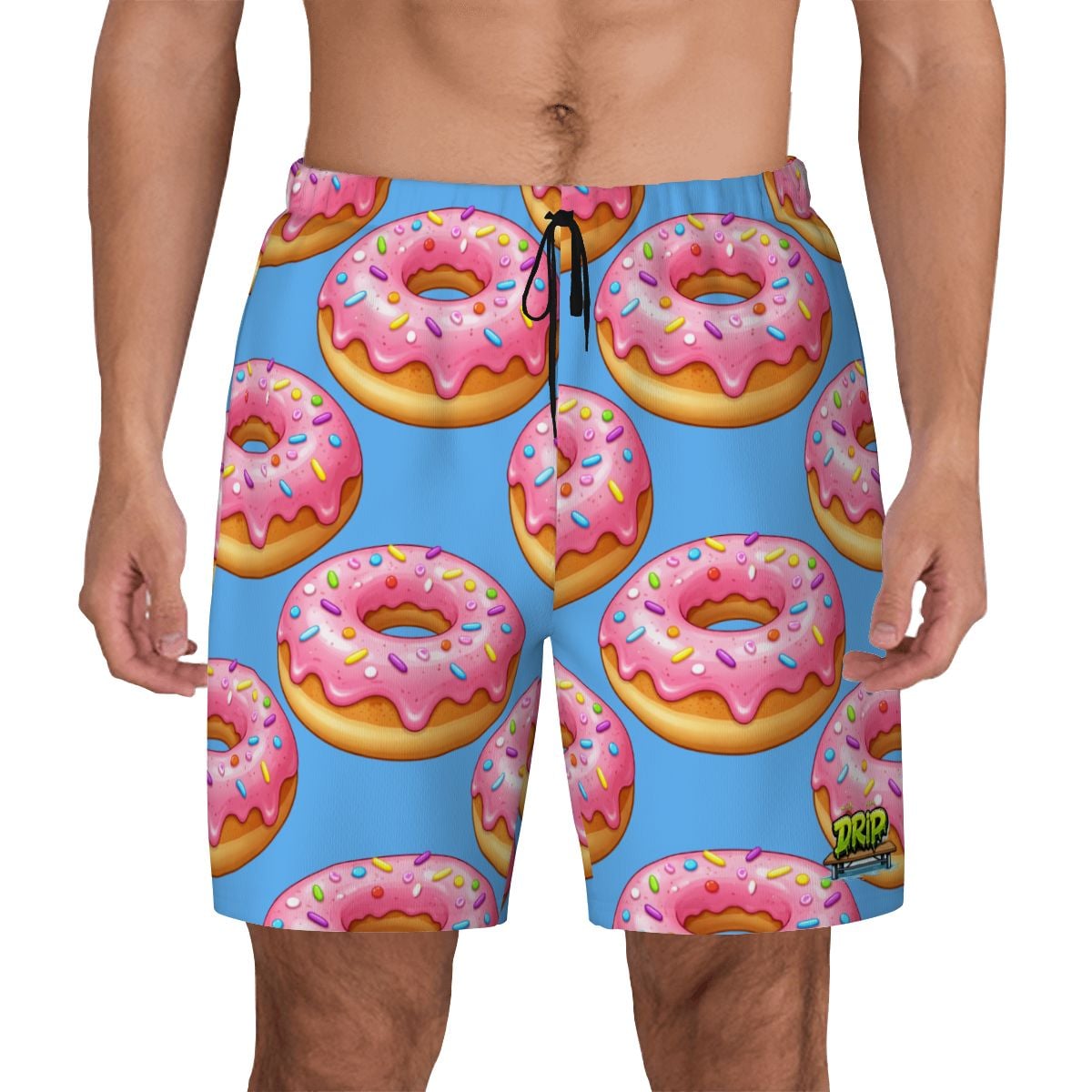 Blue swim shorts with pink donut pattern on a white background