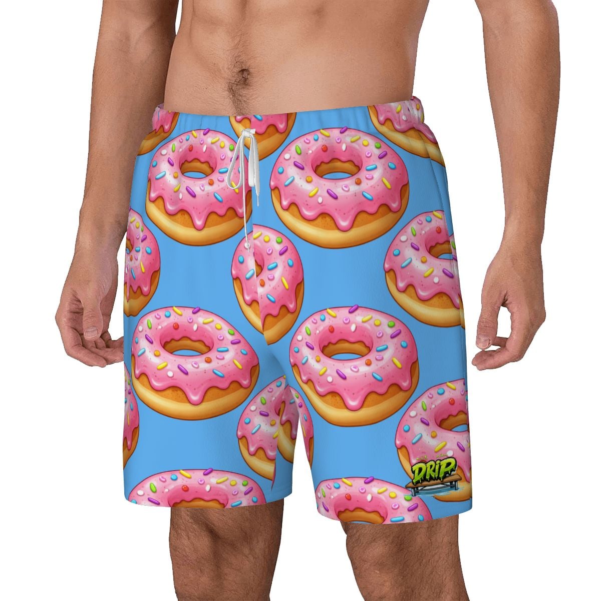 Blue swim shorts with pink donut pattern on a white background