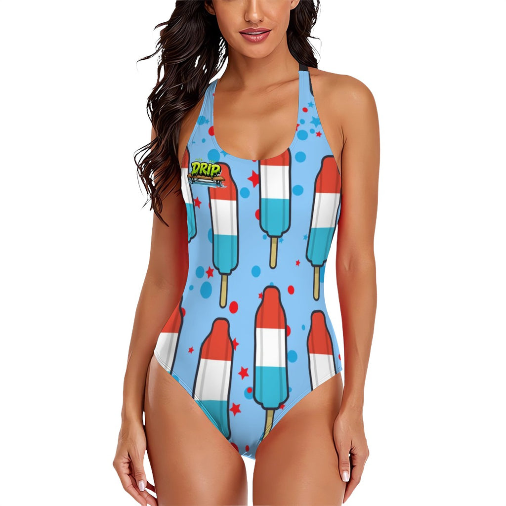 Cross-Back One Piece Swimsuit Women - Red White and Blue Pop Blue