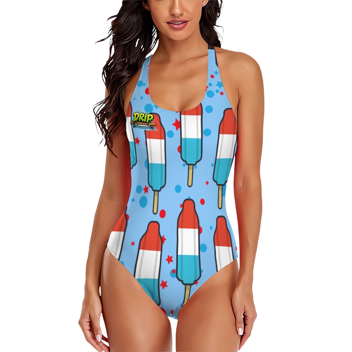 Cross-Back One Piece Swimsuit Women - Red White and Blue Pop Blue