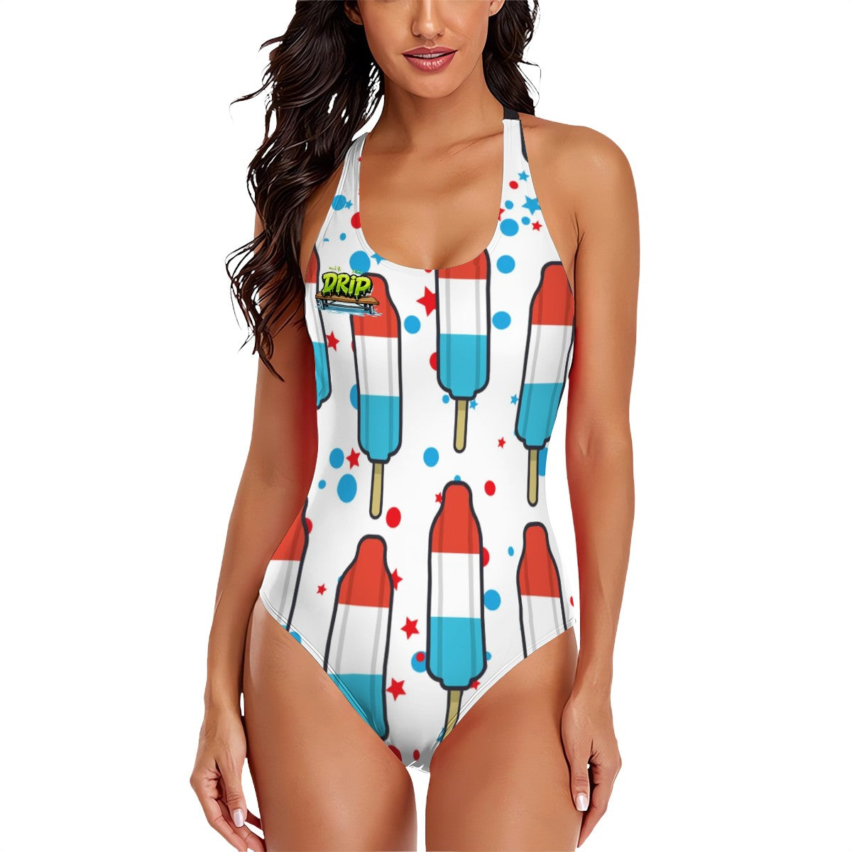 Cross-Back One Piece Swimsuit Women - Red White and Blue Pop White