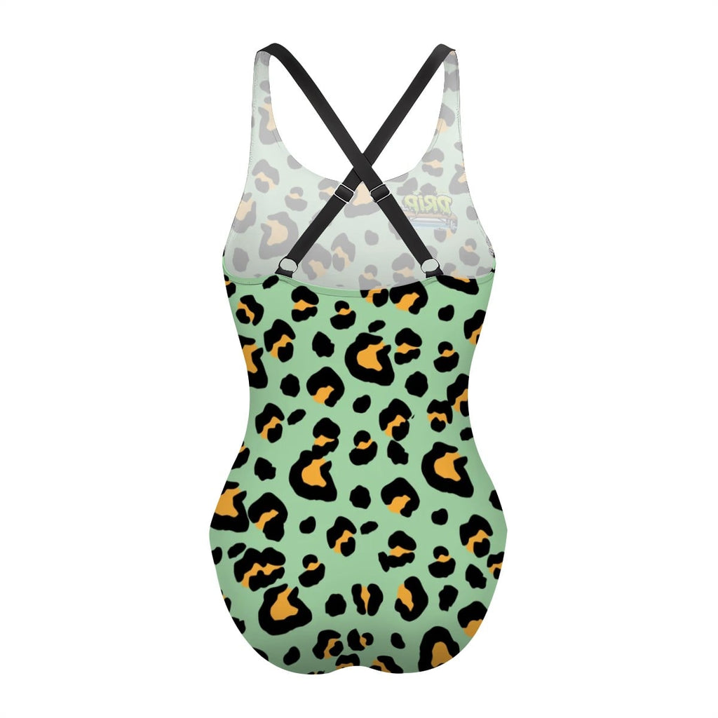 Cross-Back One Piece Swimsuit Women - Drip Bench Leopard Green