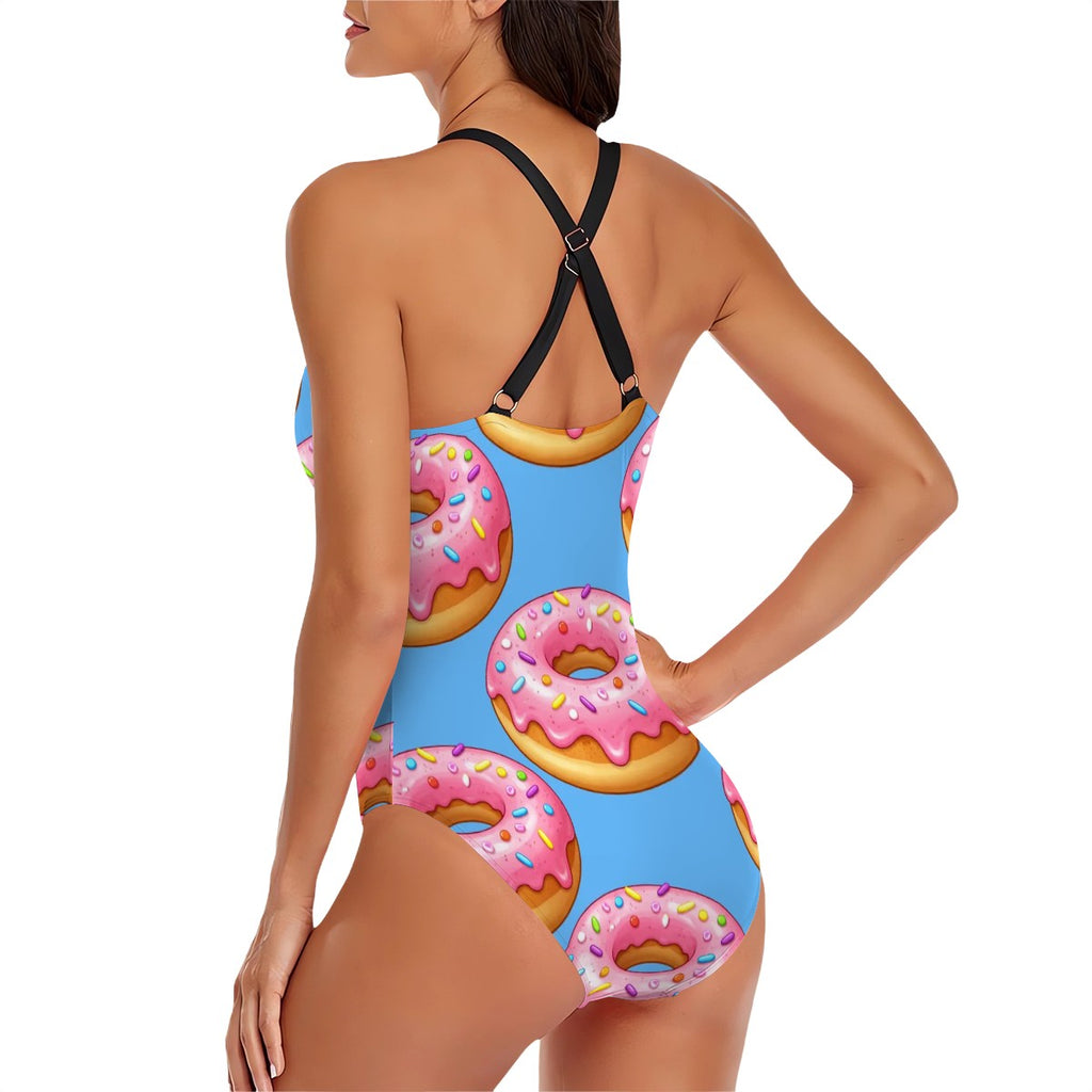 One-piece swimsuit with donut pattern on a white background