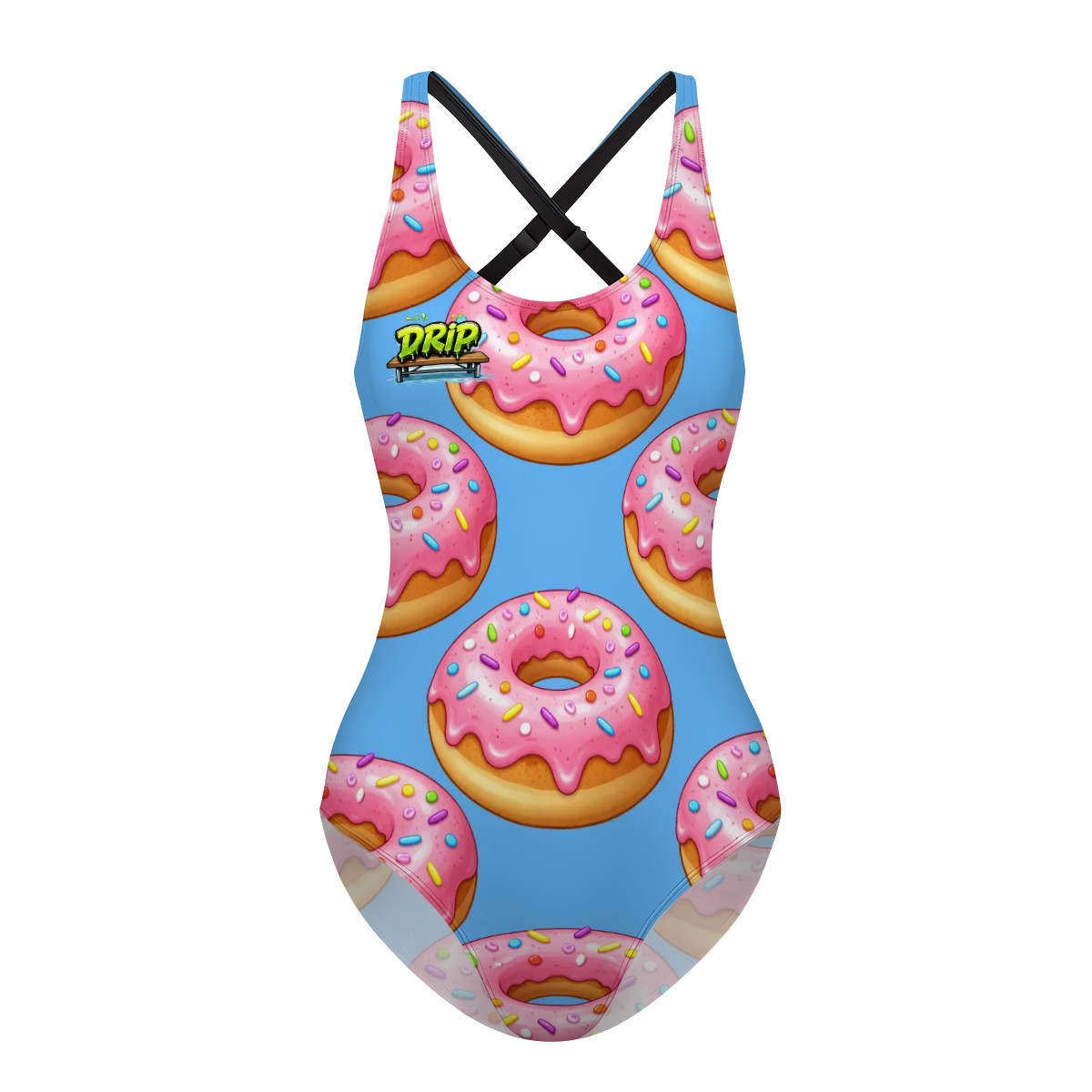 One-piece swimsuit with donut pattern on a blue background