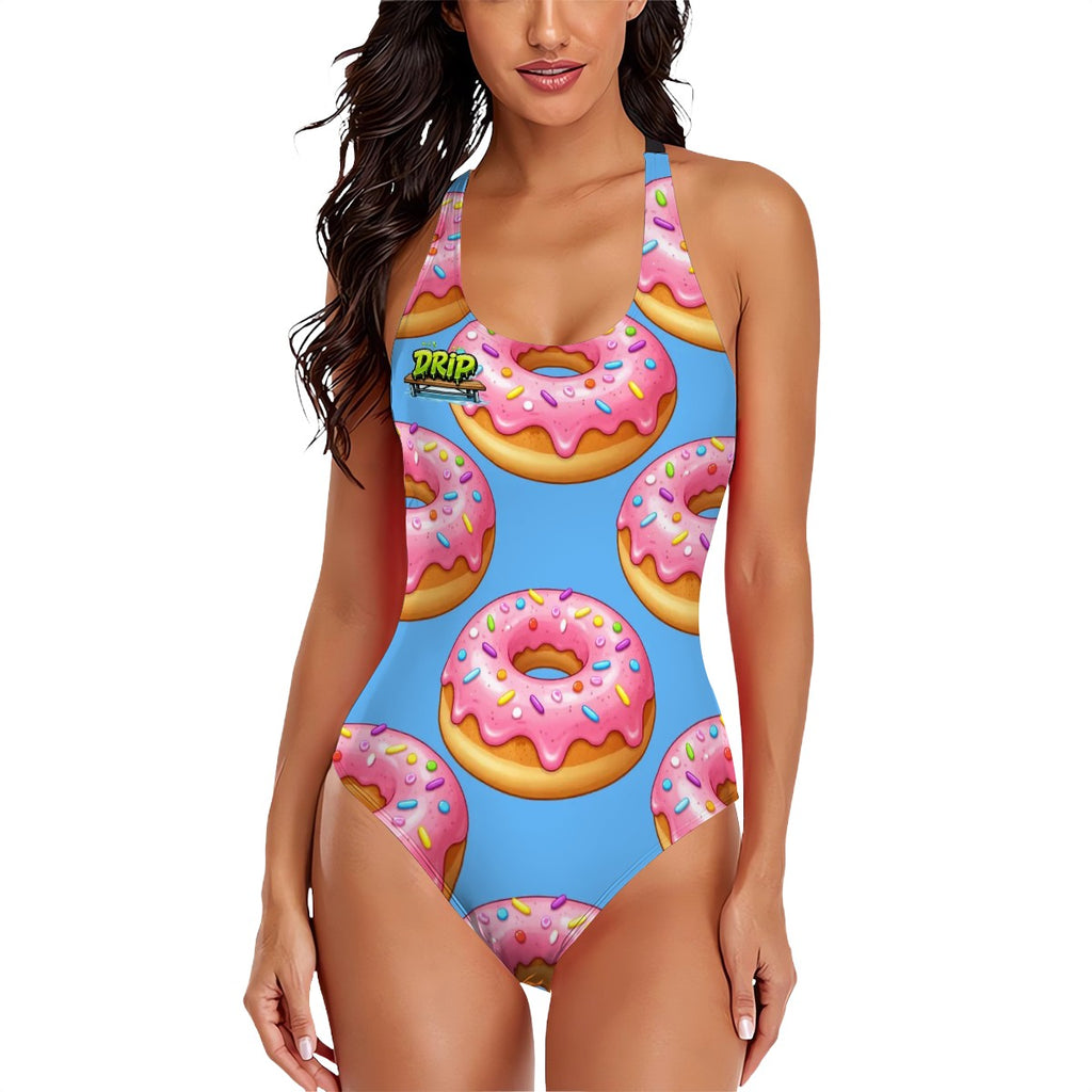 Woman wearing a swimsuit with donut pattern on a white background