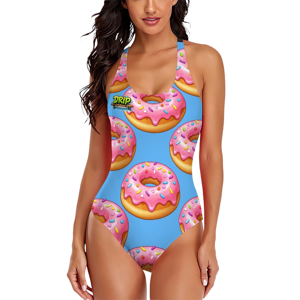 Woman wearing a swimsuit with donut pattern on a white background