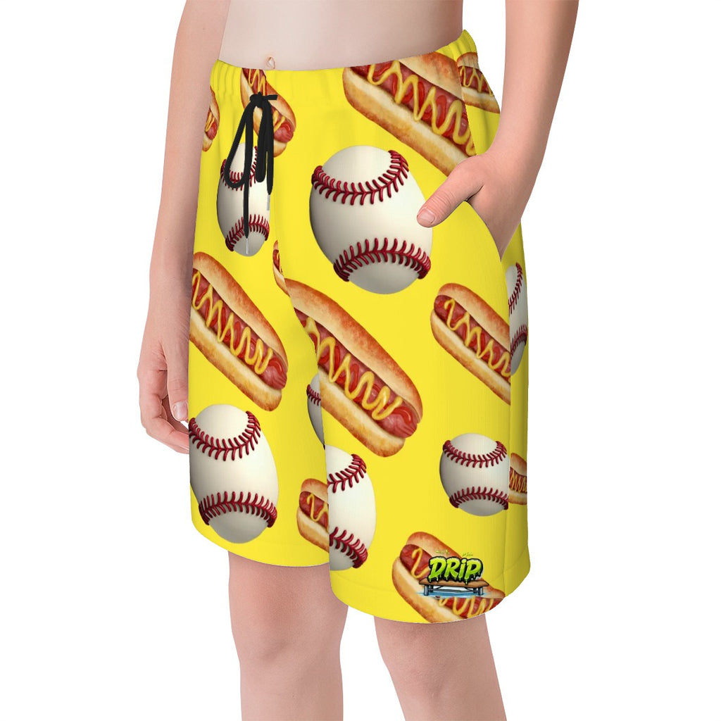 Youth Swim Shorts - Baseball and Hotdogs Yellow