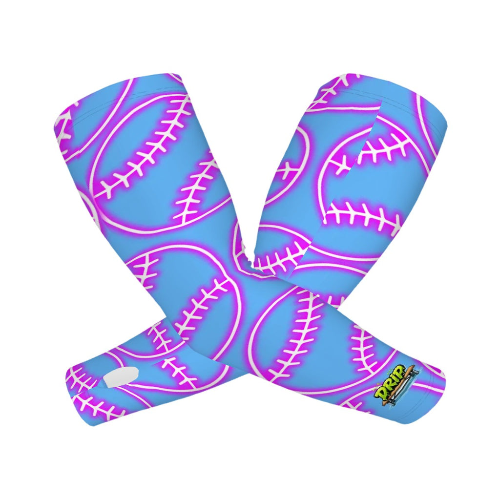 Drip Bench Performance Arm Sleeves - Neon Pink Baseballs Sky Blue