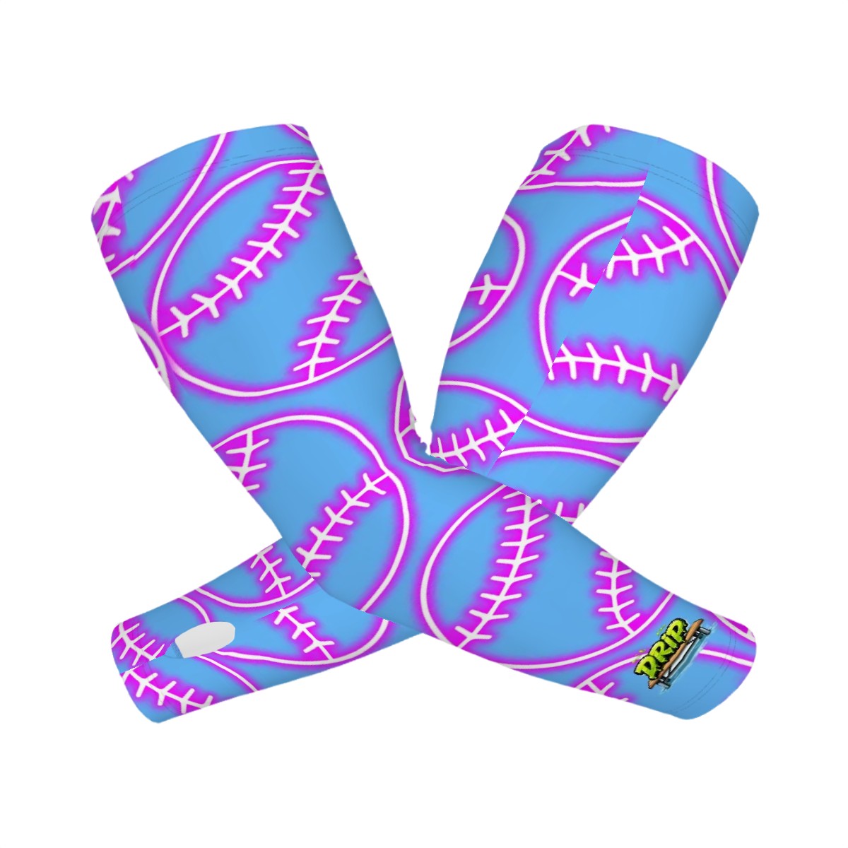 Drip Bench Performance Arm Sleeves - Neon Pink Baseballs Sky Blue
