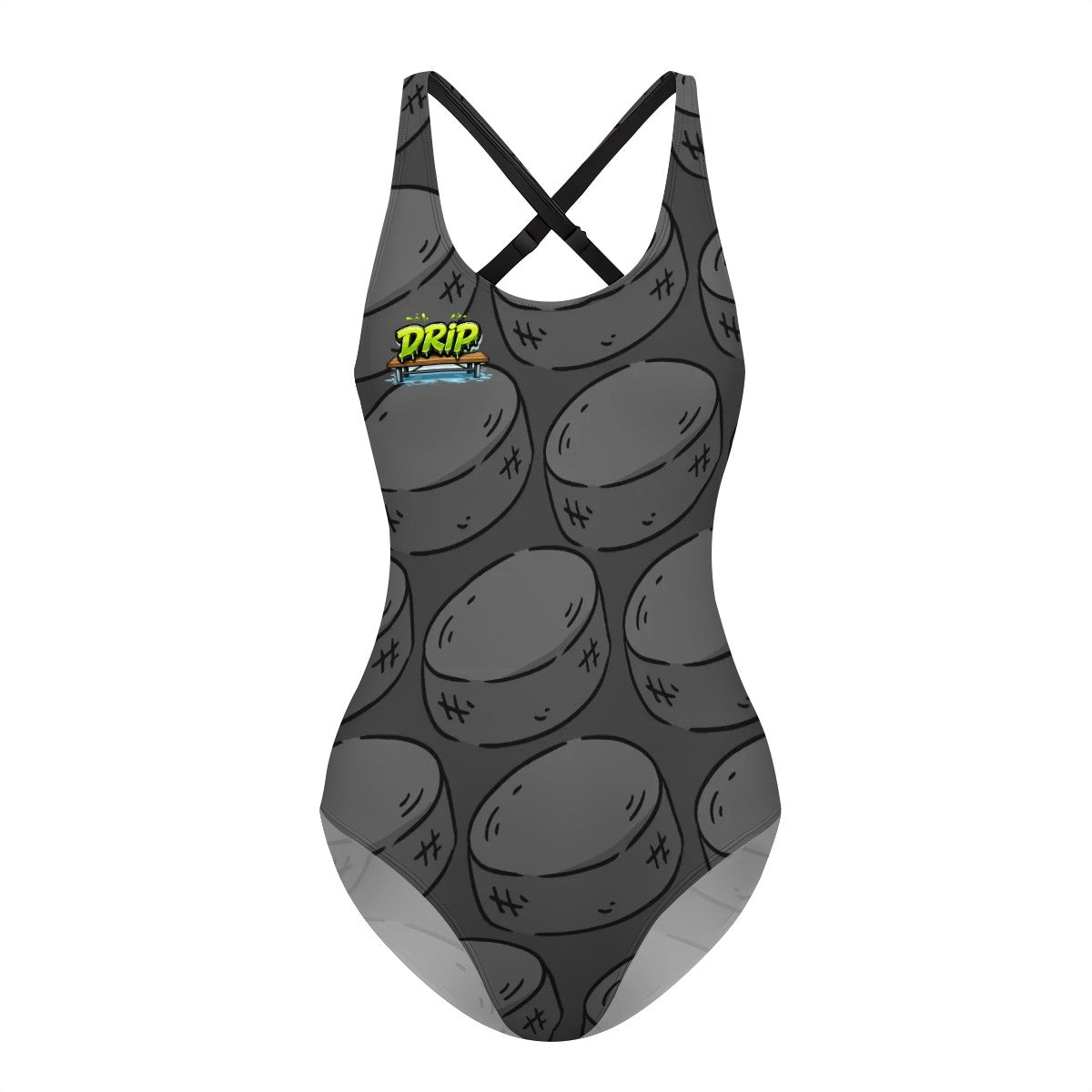 Cross-Back One Piece Swimsuit Women - Grey Hockey Pucks Grey