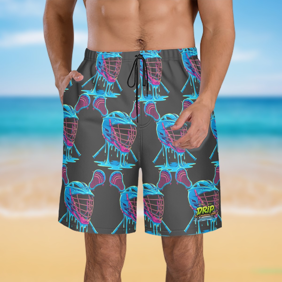 Men/Teen Swim Shorts - Lacrosse Helmet Sticks Charcoal
