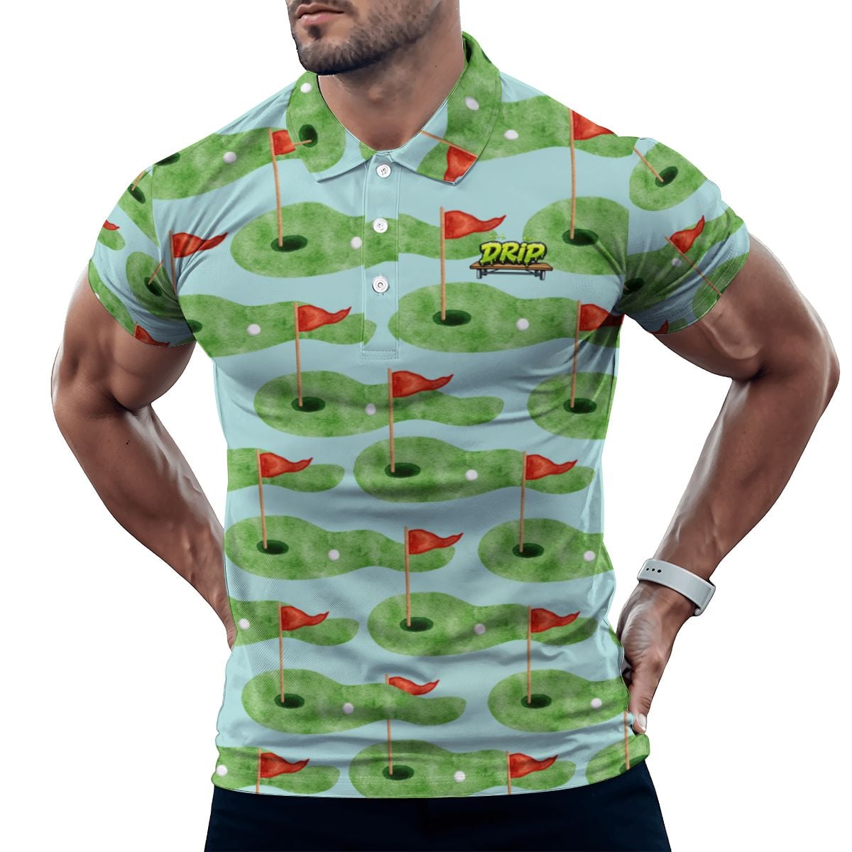Uncle Golf Shirt - Green Hole Sketch Light Blue Green