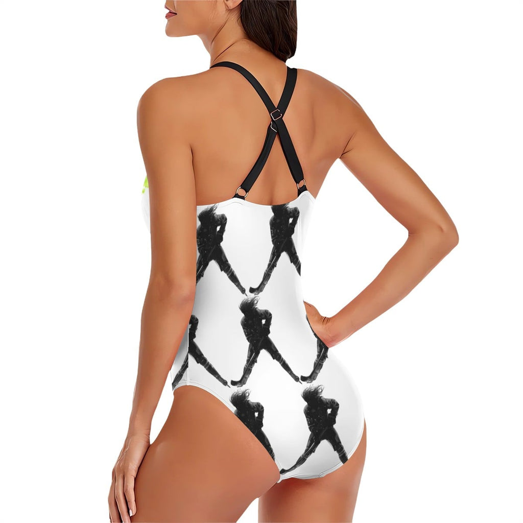 Cross-Back One Piece Swimsuit Women - Lettuce Hockey Hair Flo White