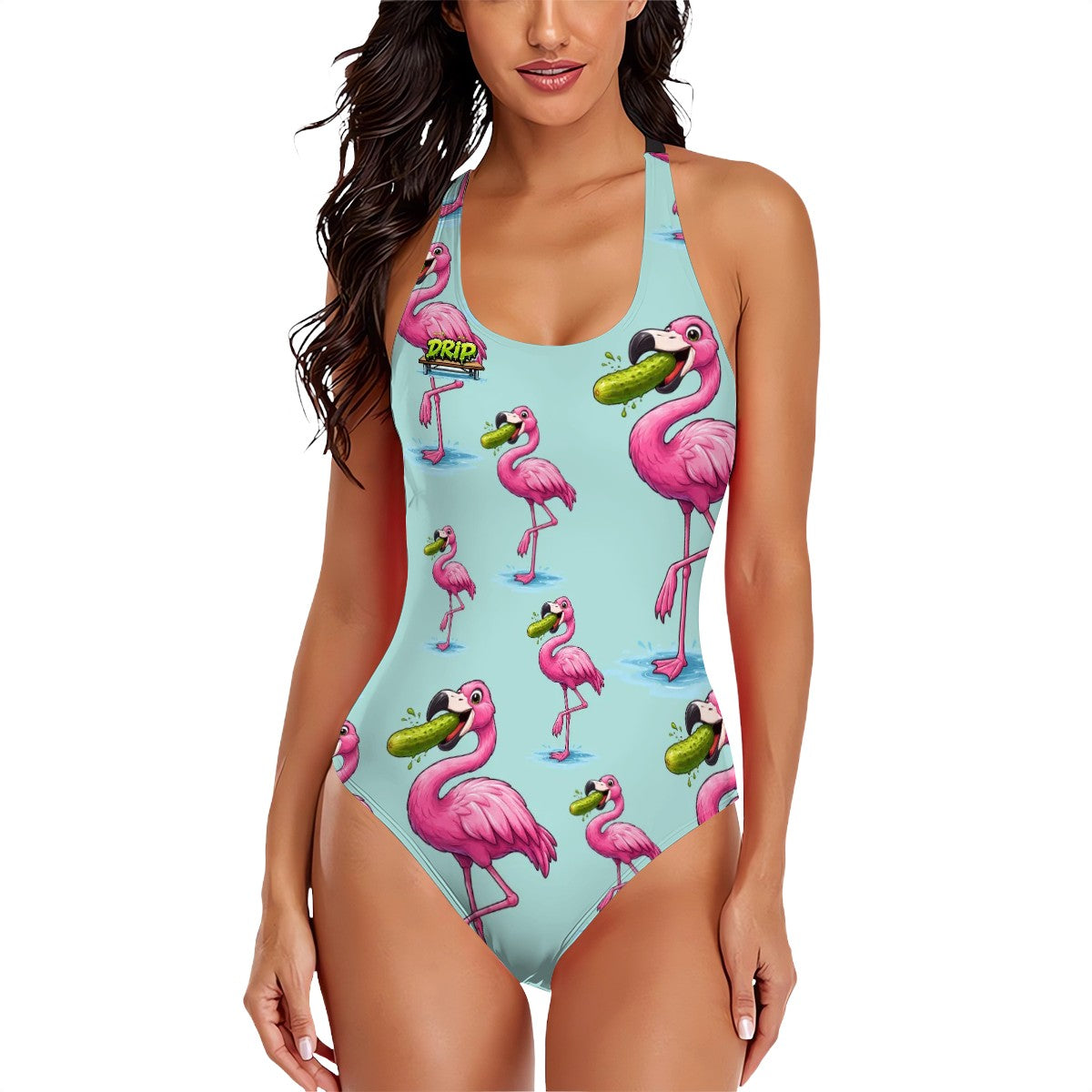 Cross-Back One Piece Swimsuit Women - Flamingo Pickle Seafoam