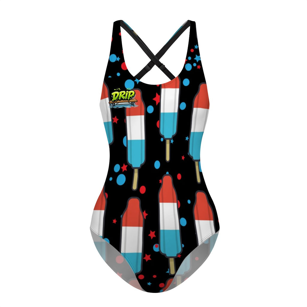 Cross-Back One Piece Swimsuit Women - Red White and Blue Pop Black