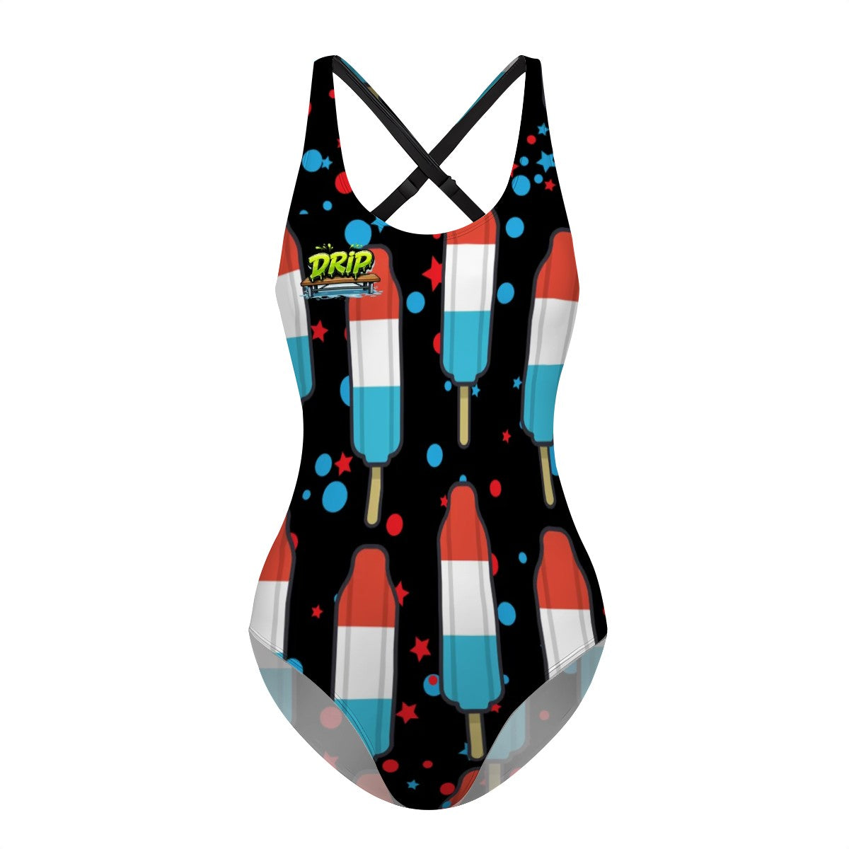 Cross-Back One Piece Swimsuit Women - Red White and Blue Pop Black