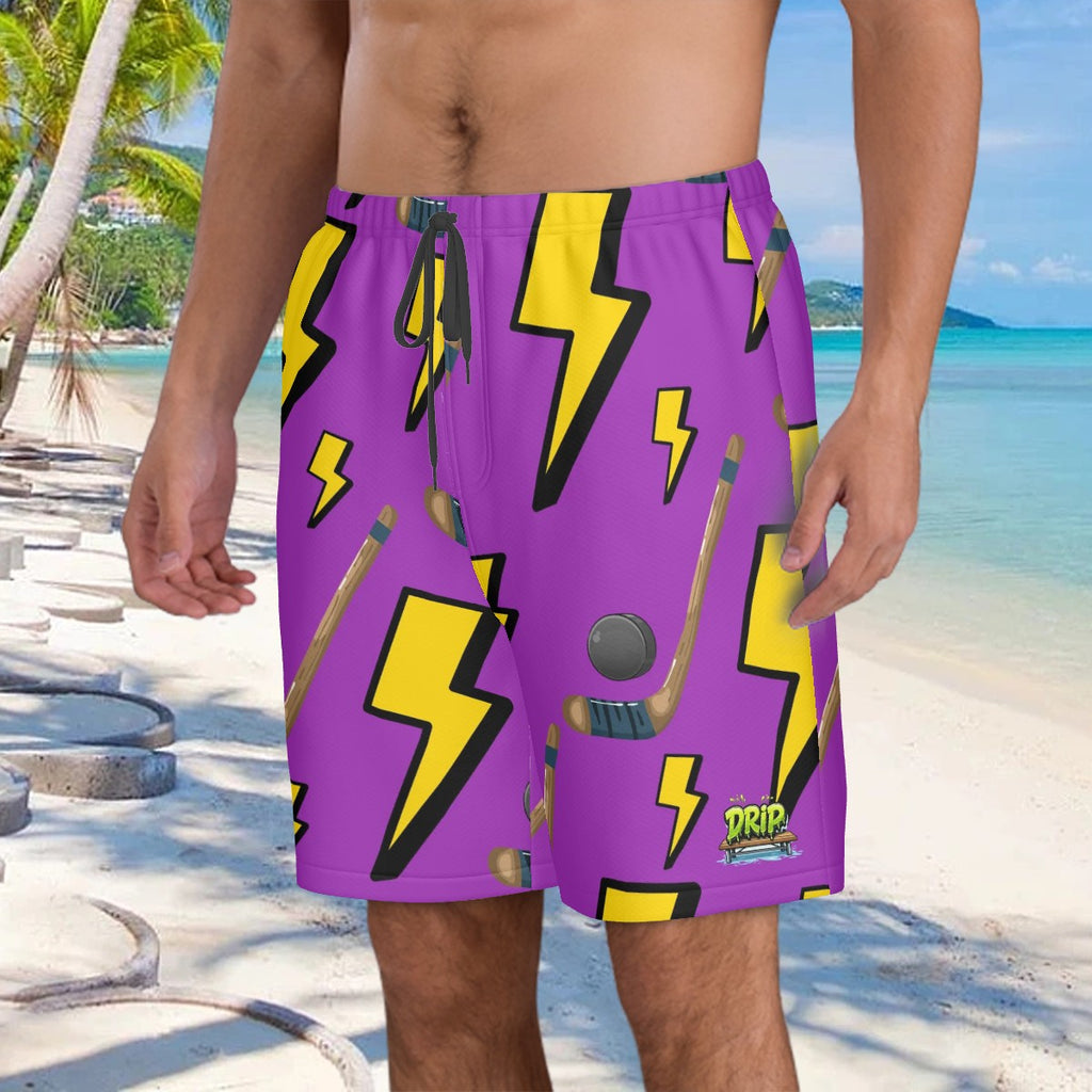 Men/Teen Swim Shorts - Lightning Bolts and Hockey Sticks Purple