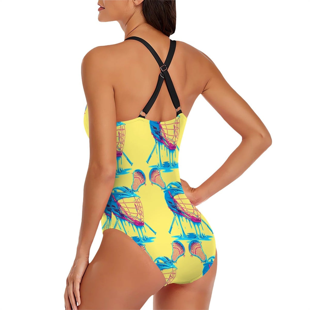 Cross-Back One Piece Swimsuit Women - Lacrosse Helmet Sticks Yellow