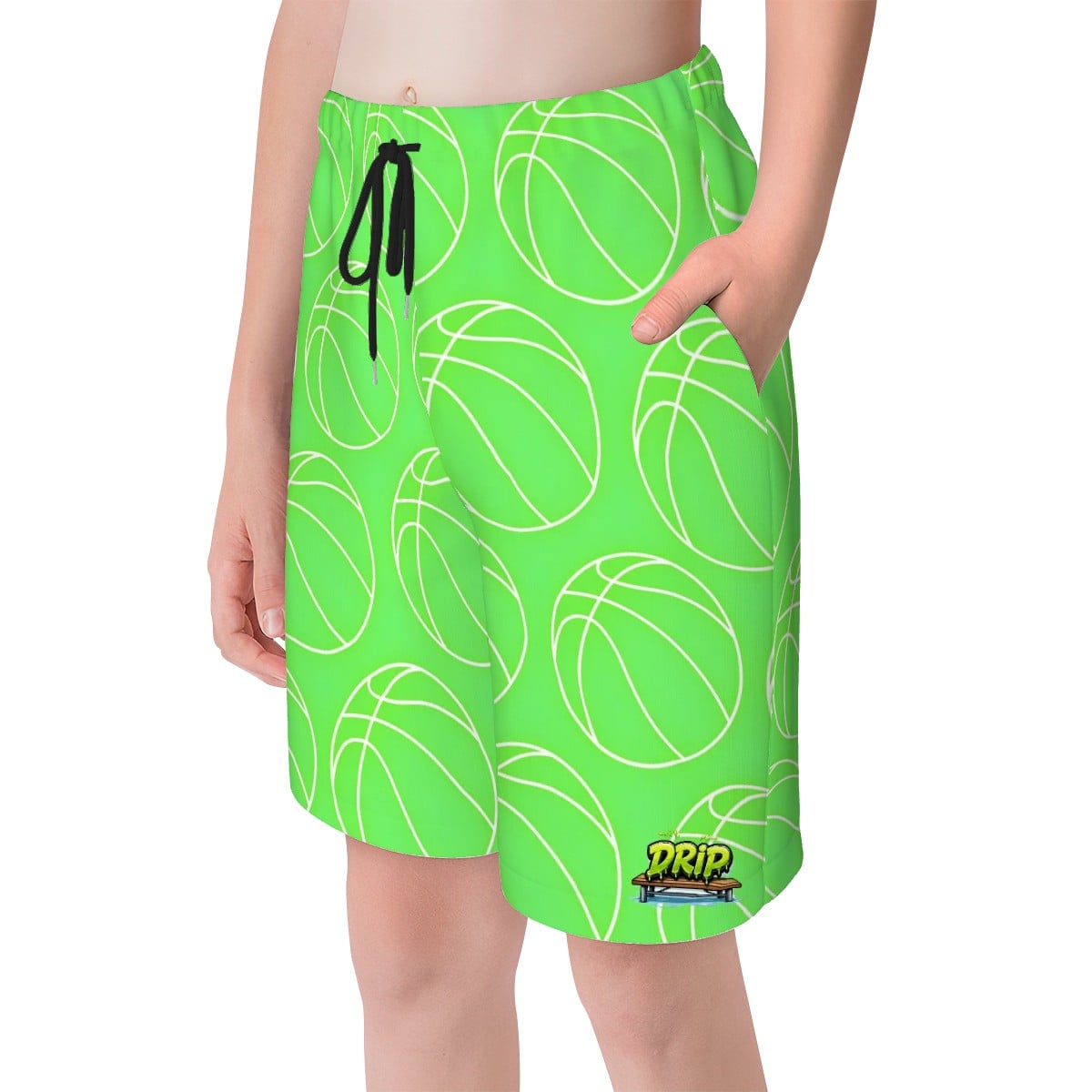 Youth Swim Shorts - Neon Basketballs Hot Green