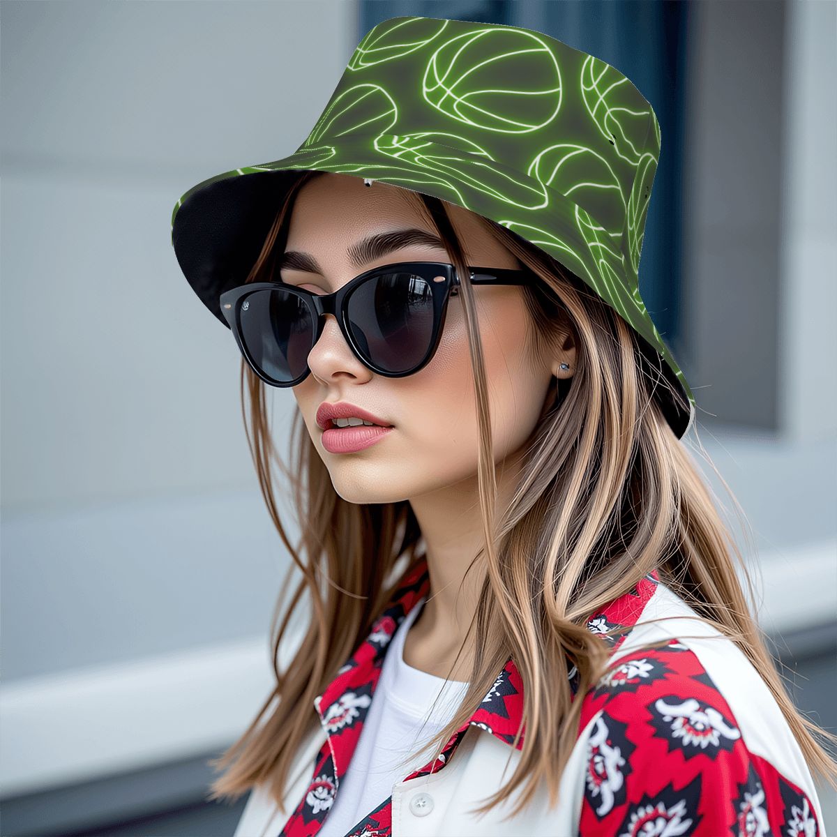 Drip Bucket Hat - Neon Green Basketballs Charcoal