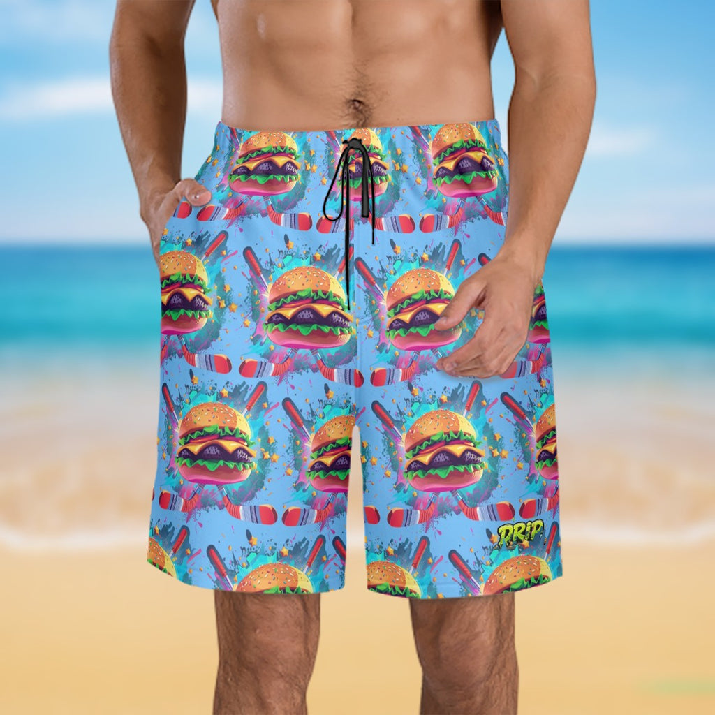 Men/Teen Swim Shorts - Cheeseburger and Hockey Sauce Blue