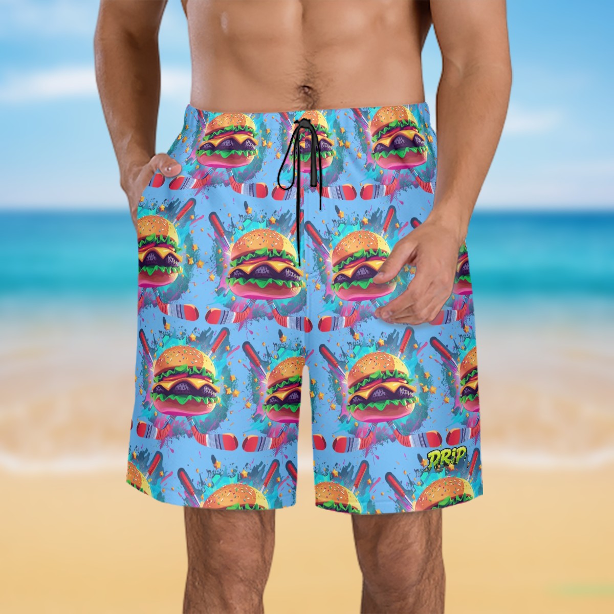 Men/Teen Swim Shorts - Cheeseburger and Hockey Sauce Blue