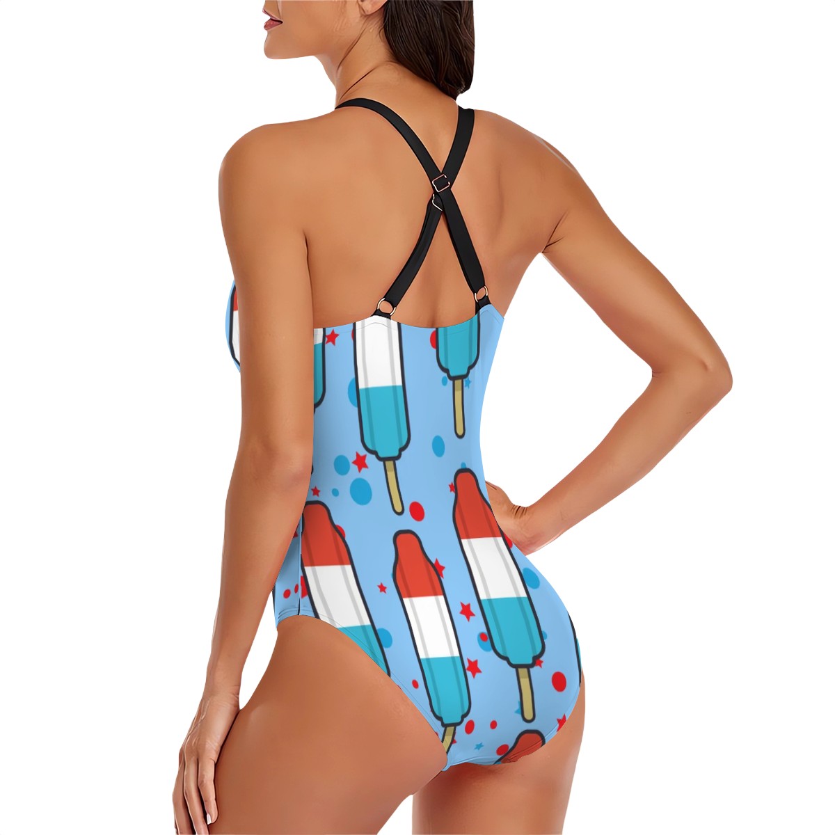 Cross-Back One Piece Swimsuit Women - Red White and Blue Pop Blue
