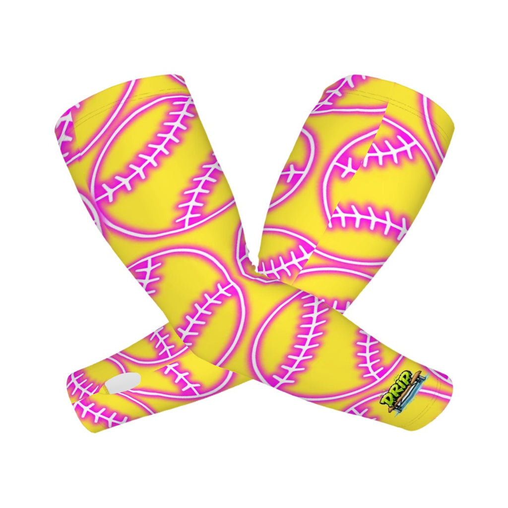 Drip Bench Performance Arm Sleeves - Neon Pink Baseballs Yellow
