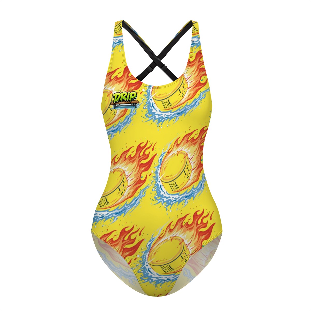Cross-Back One Piece Swimsuit Women - Flamin Hockey Pucks Yellow