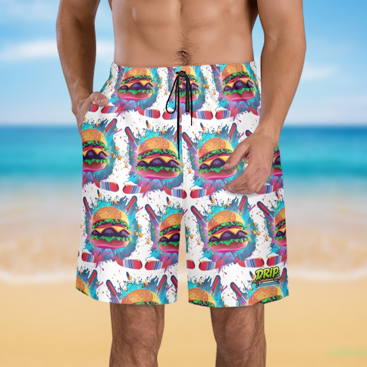 Men/Teen Swim Shorts - Cheeseburger and Hockey Sauce White